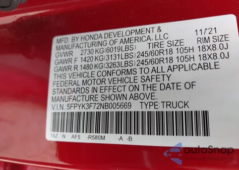 2022 Honda Ridgeline Rtl-E из США, поврежденный, VIN 5FPYK3F72NB005669